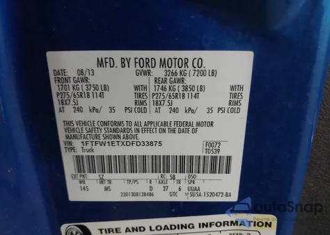 2013 Ford F-150 Xlt из США, поврежденный, VIN 1FTFW1ETXDFD33875